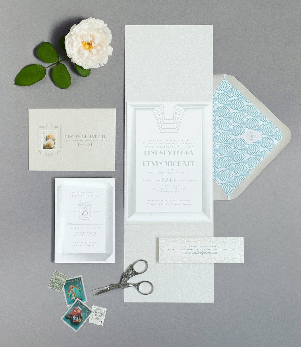 Foil stamped art deco wedding invitation with python folio