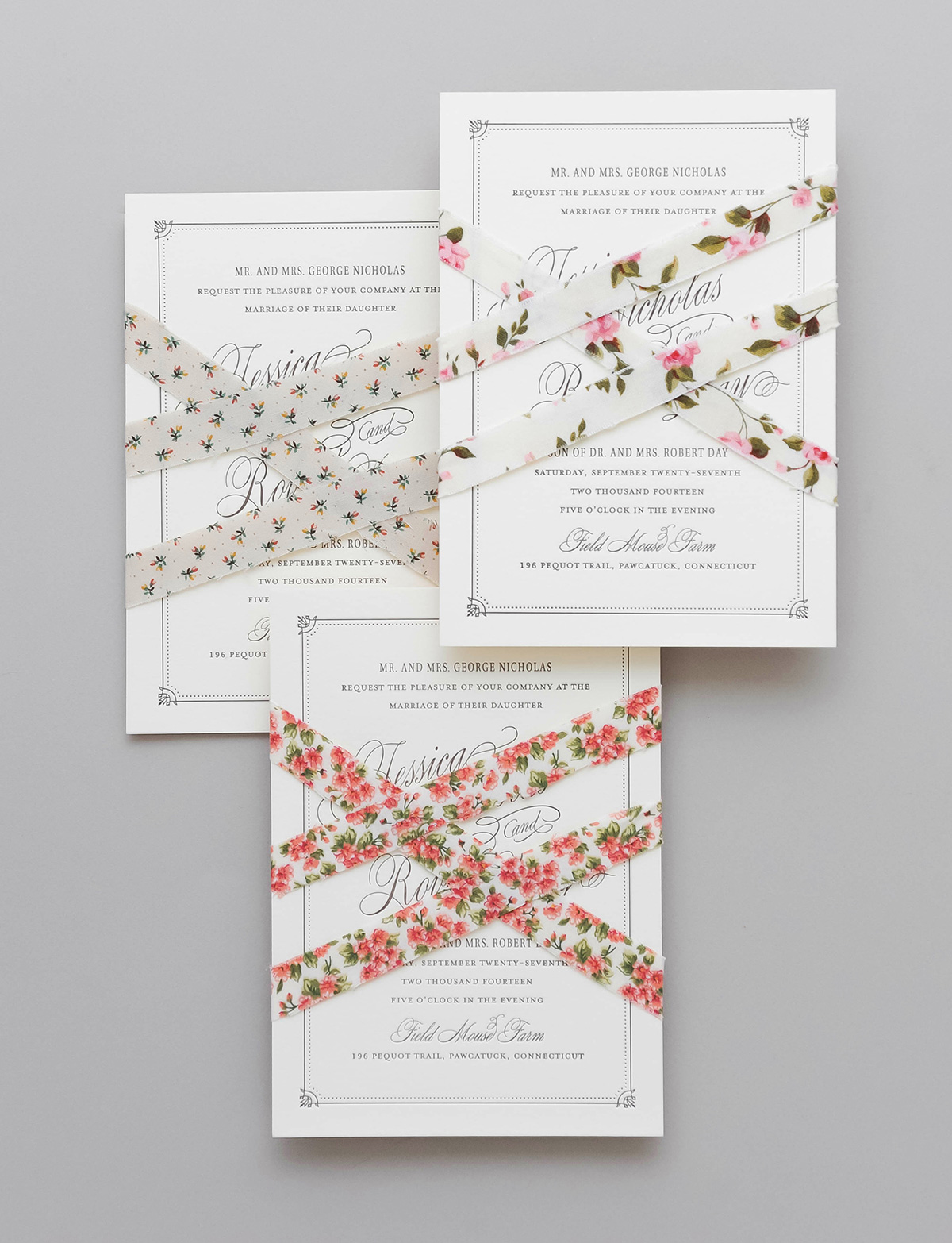 Classic letterpress invitations with calico fabric ribbon