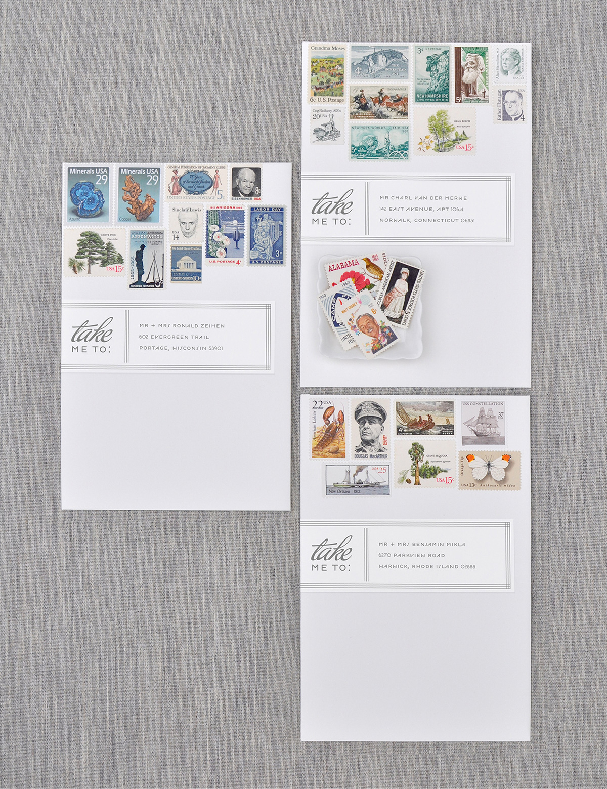 Wedding invitation with vintage stamp collage