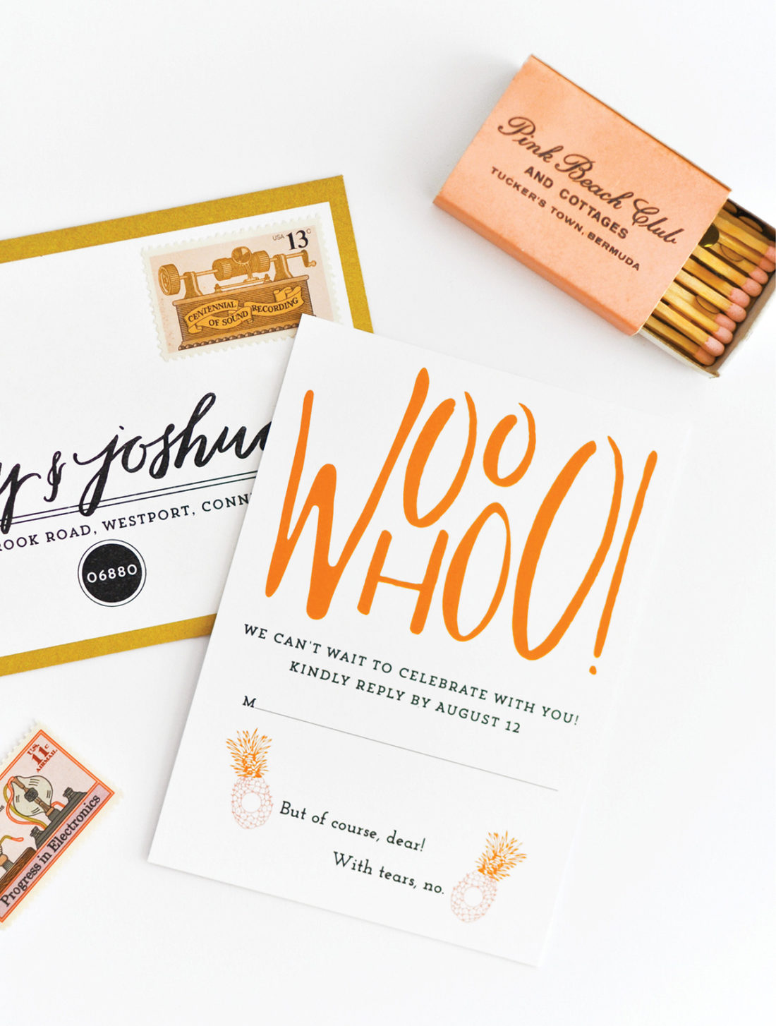 Palm Beach inspired gold and orange wedding rsvp card