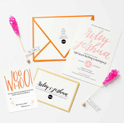 Palm Beach inspired pink and orange wedding invitation