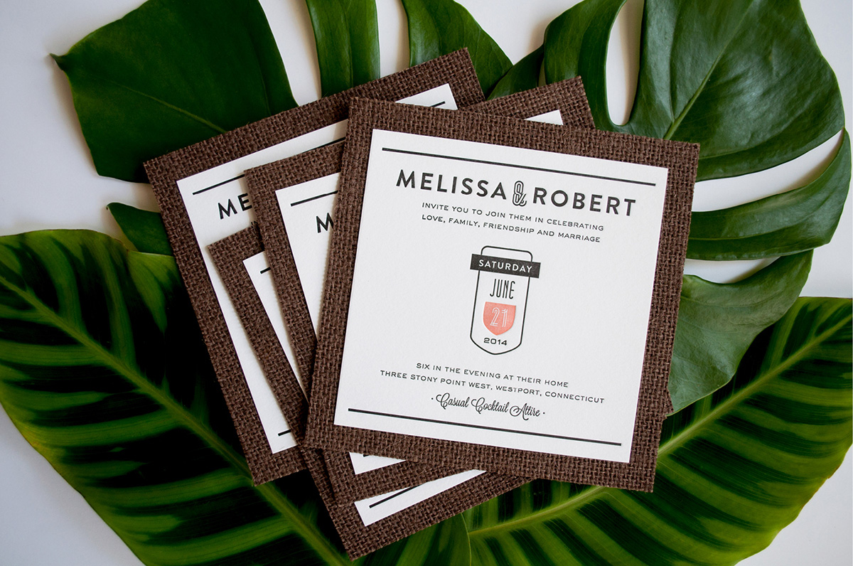 South Beach inspired grasscloth and letterpress wedding invitation