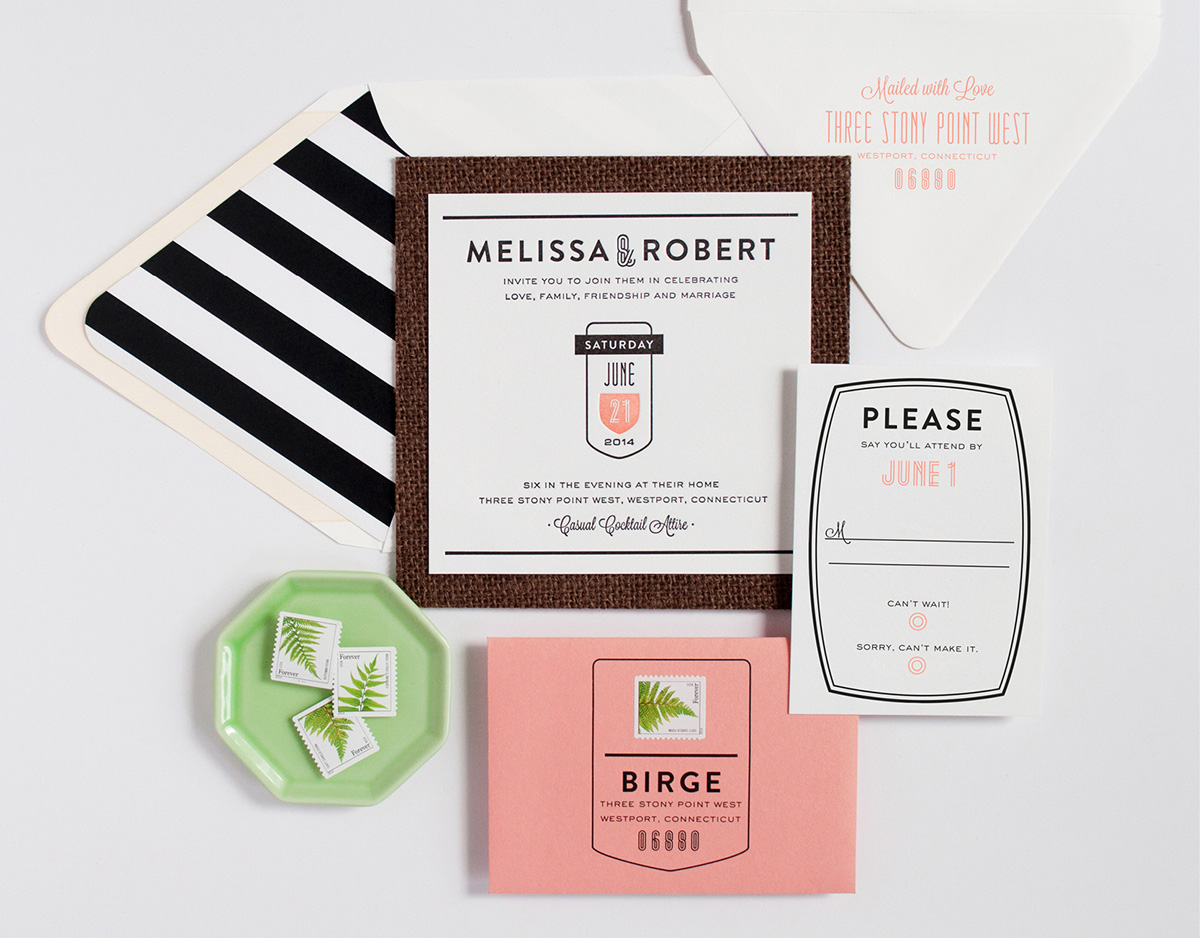 South Beach inspired grasscloth and letterpress wedding invitation