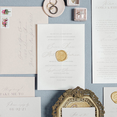 romantic gold foil stamp and letterpress wedding invitation
