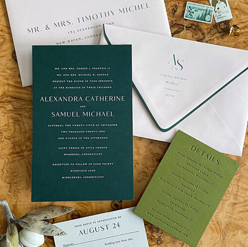 Classic modern white foil stamp and letterpress wedding invitation on thick green stock
