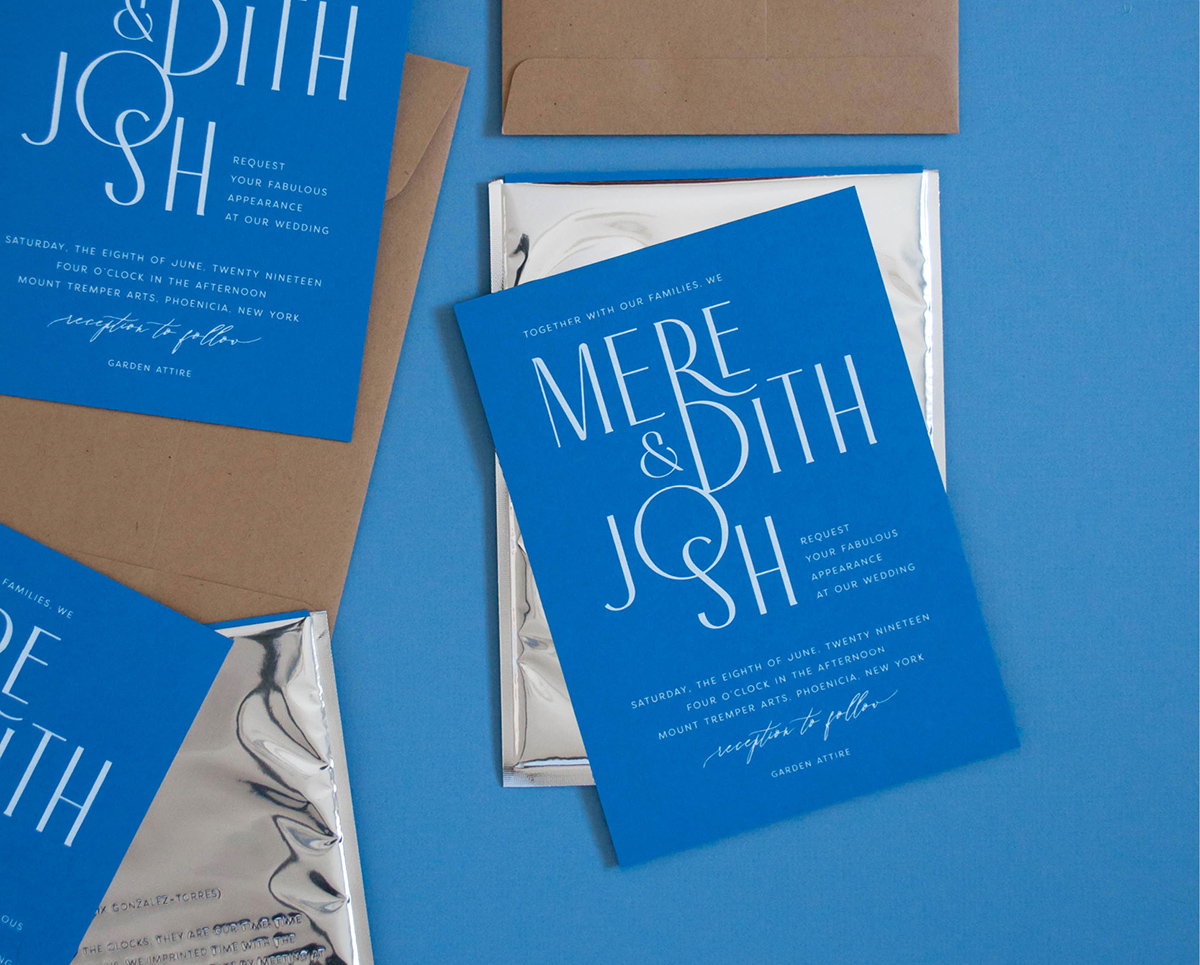 Modern graphic blue and white wedding invitation