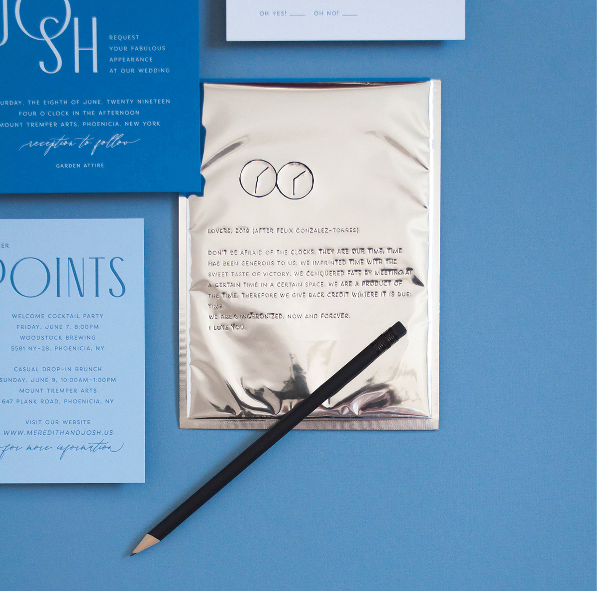 Modern graphic blue and white wedding invitation