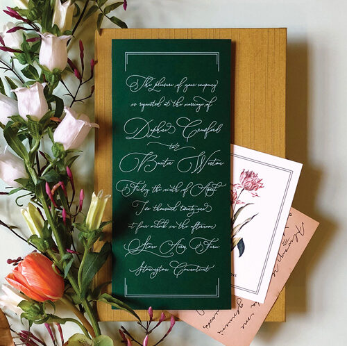 Romantic all script dark green wedding invitation